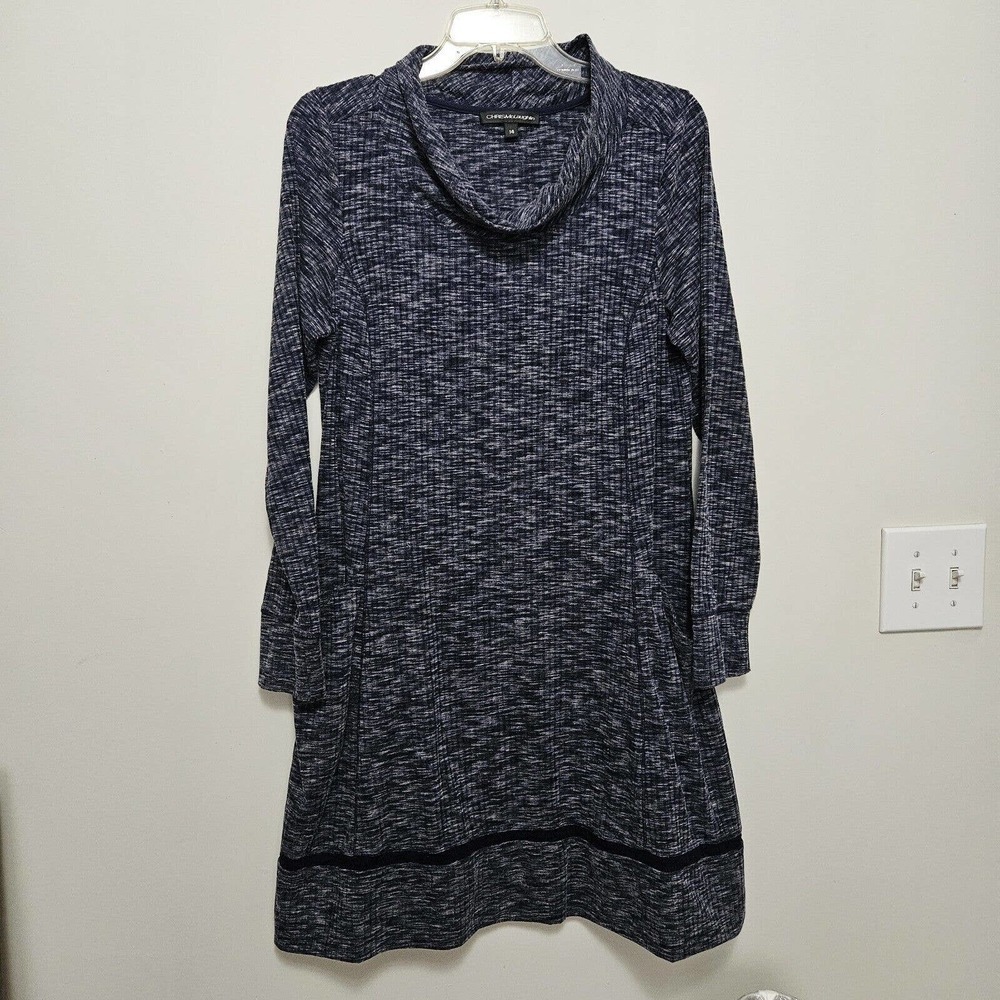 CHRIS MCLAUGHLIN Knit Dress Sz 14 Lg Sleeve Heathered Blue A-frame Cowl Neck
